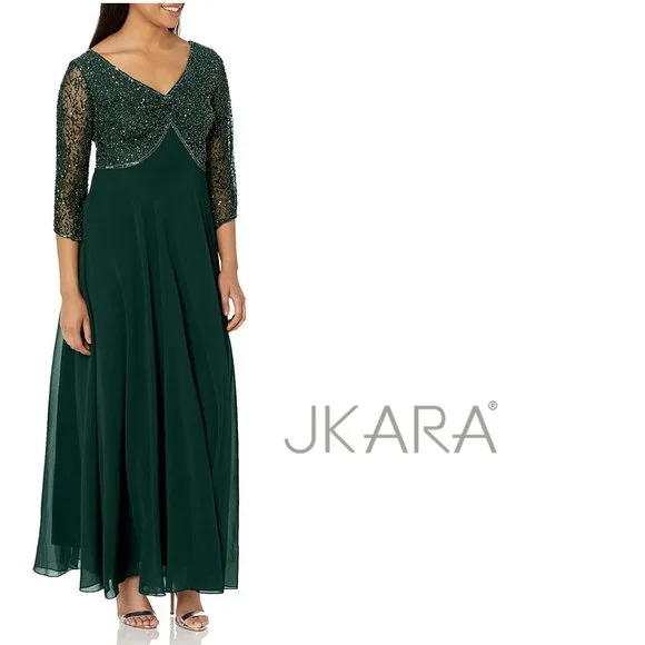 J KARA 3/4 Sleeve V-Neck Beaded Top Long Gown  NEW WITH TAGS! - Picture 2 of 16